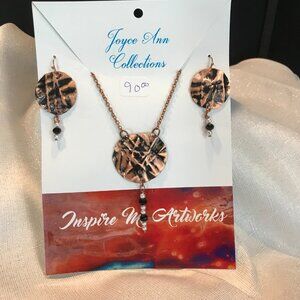 Hammered Copper with Black Markings Pendant and Earrings 21 Inches Long